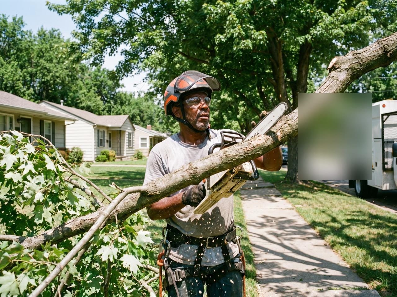 Tulsa arborist with chainsaw and full safety gear pruning a tree branch on a residential street