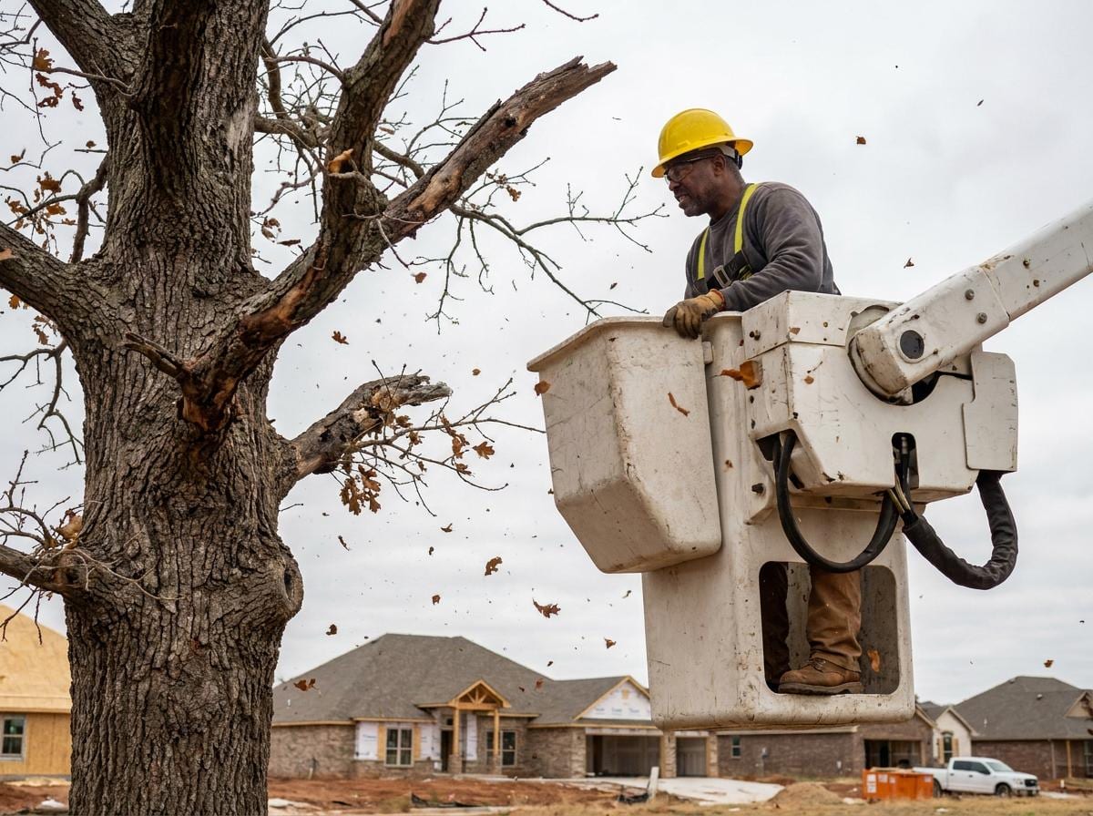 Tulsa arborist in a bucket truck removing dead branches from an oak tree
