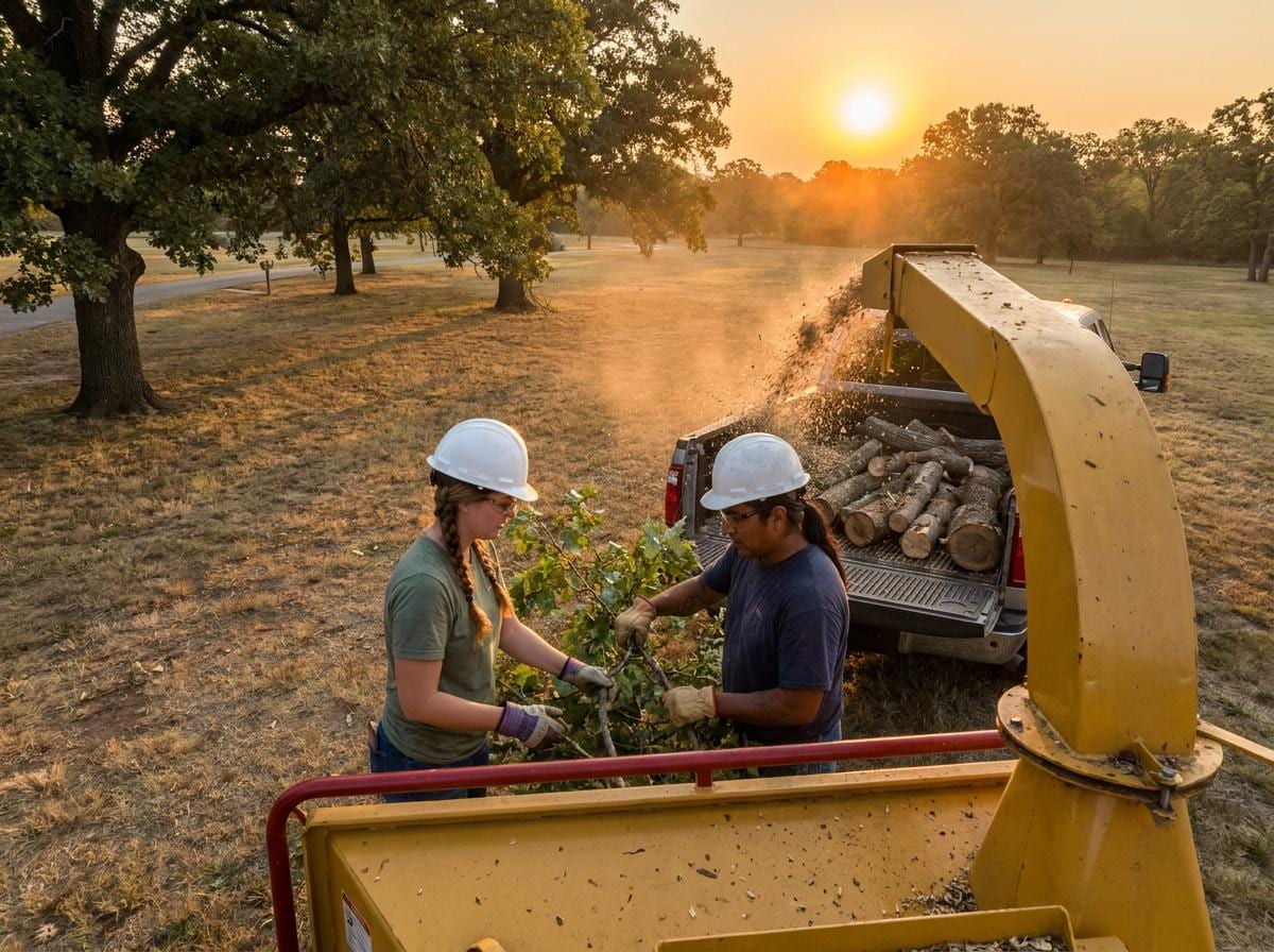 Tulsa tree service crew feeding branches into a wood chipper at sunset with a pickup truck of logs and Oklahoma oaks behind them