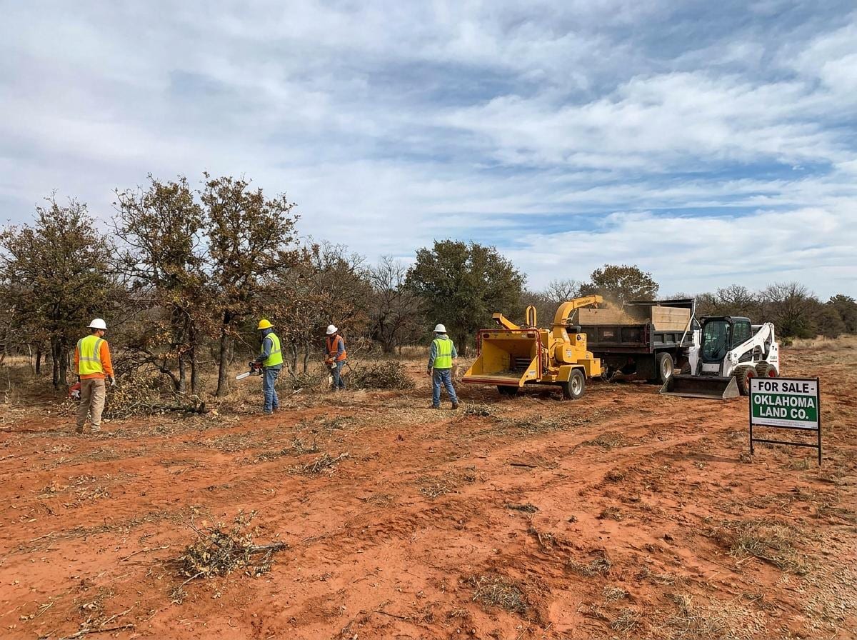 Tulsa tree service crew clearing brush and small trees on an Oklahoma land lot with chainsaws, chipper, and skid steer
