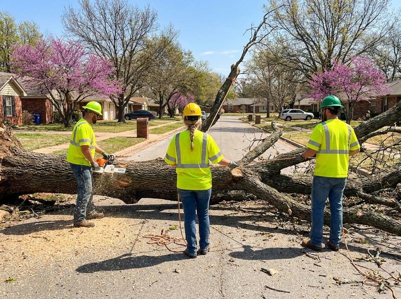 Three-person tree service crew cutting up a large fallen oak across a residential Tulsa street after a spring storm
